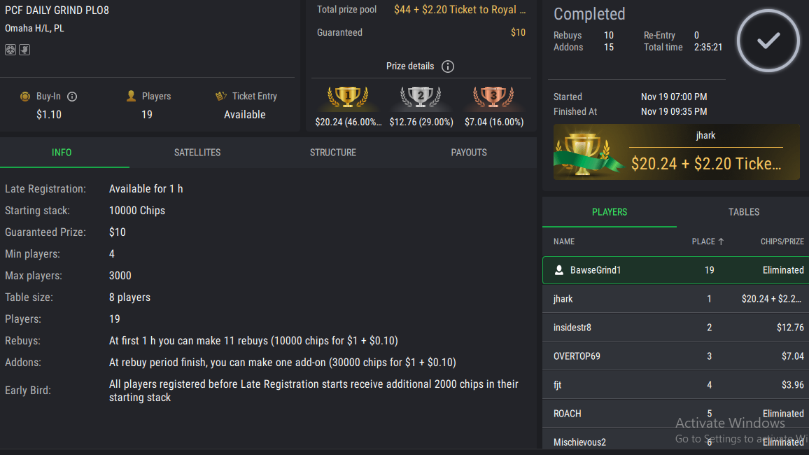 PCF Daily Grind PLO8 on StockPoker - November 19, 2025