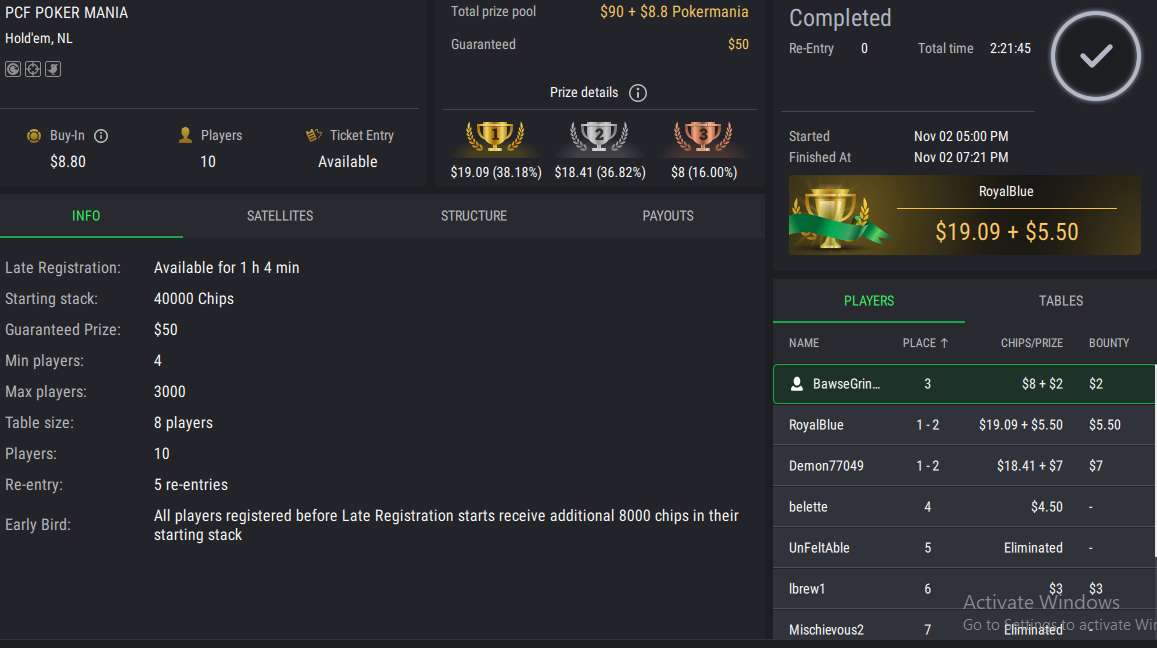 PCF Poker Mania NLHE PKO on StockPoker - November, 02 2025