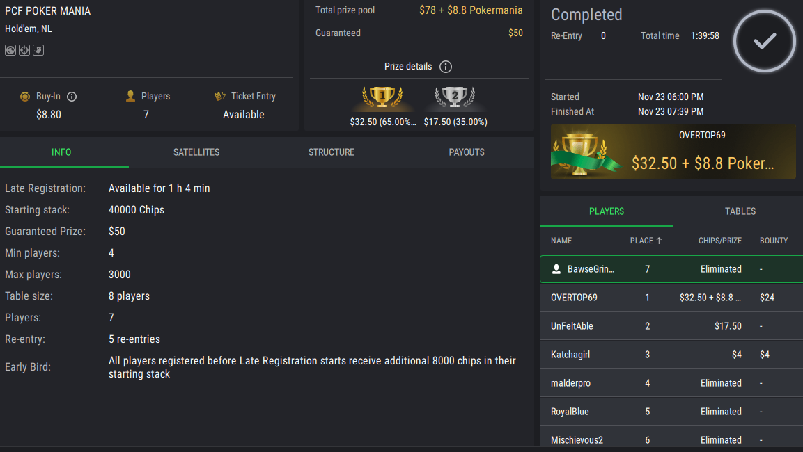 PCF Poker Mania NLHE PKO on StockPoker - November 23, 2025