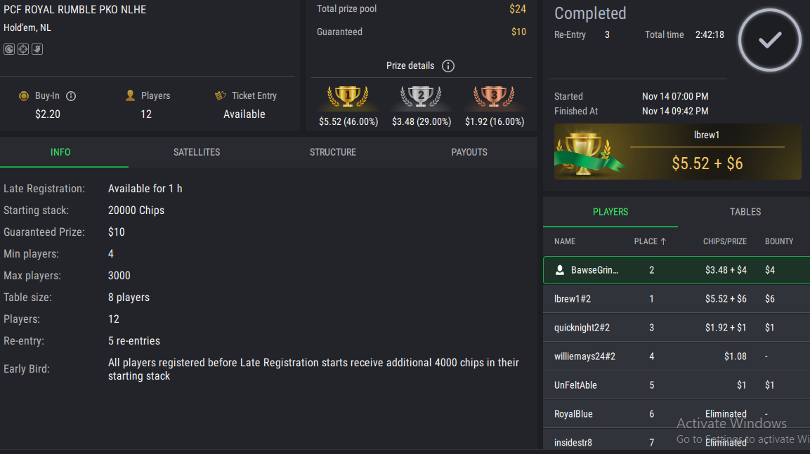 PCF Royal Rumble NLHE PKO on StockPoker - November 14, 2025